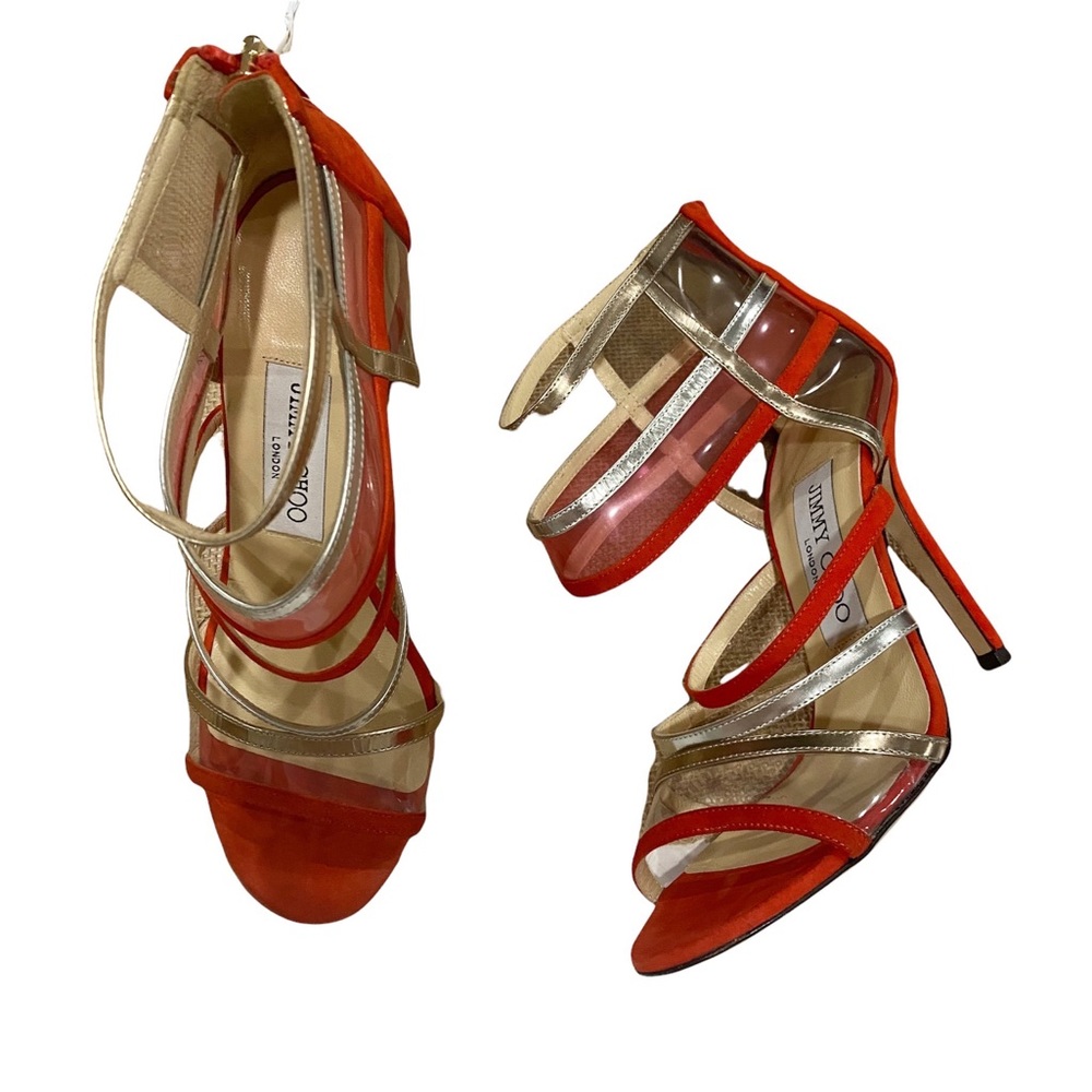 Jimmy Choo MaiTai Sandals Leather Clear Transparent Orange Sz 35 Strappy Heels - Picture 2 of 9